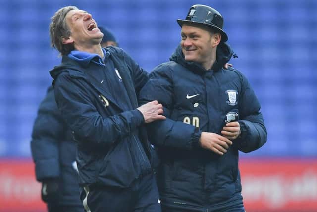 PNE kitman Steve Cowell and Alex Neil share a joke after the Gentry Day win at Bolton