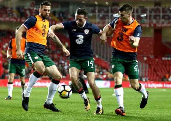 Republic of Ireland's Shane Duffy (left), Preston's Alan Browne (centre) and Republic of Ireland's Seamus Coleman (right) duringthe  warm-up before the international friendly match against Turkey at the Antalya Stadium.
