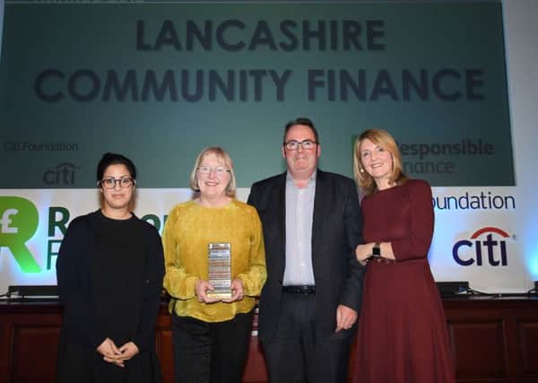 Photo (L-R) Amal Gomersall of Citi, Elaine Rimmer and Pat Donoghue of Lancashire Community Finance, and broadcaster Kaye Adams at the Citi Microentrepreneurship Awards in Glasgow