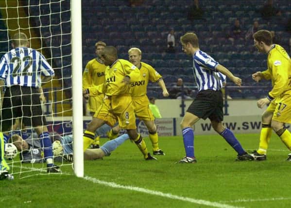 Mark Rankine equalises for PNE at Sheffield Wednesday in October 2001