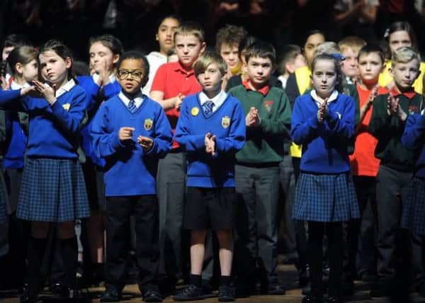 Primary schools from across the South Ribble area held a friendship song and dance show at Preston Guild Hall.
Over a thousand pupils join together on stage for the finale.  PIC BY ROB LOCK
28-2-2018