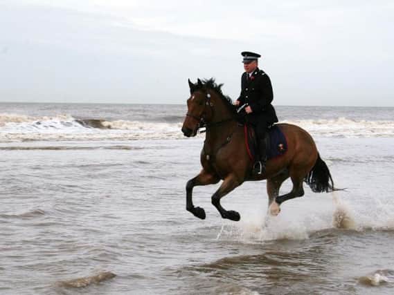 Lancashire Police horse Caton, pictured enjoying a gallop on Blackpool beach