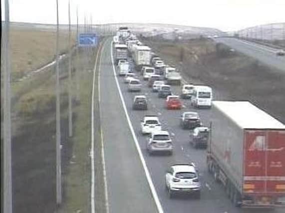 Traffic queuing on the M62 westbound carriageway following the fatal collision. Picture: Crown 2018