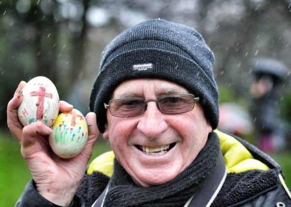 Rod Evans with some traditional eggs at the Easter Egg Rolling event at Avenham Park