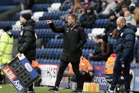 Derby County manager Gary Rowett shouts instructions to his team at Deepdale.