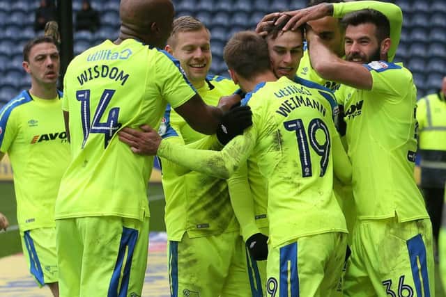 Derby's players celebrates Tom Lawrence's goal at Deepdale.
