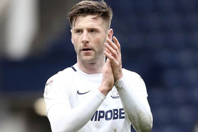 Paul Gallagher applauds the fans after Preston's defeat to Derby on Easter Monday