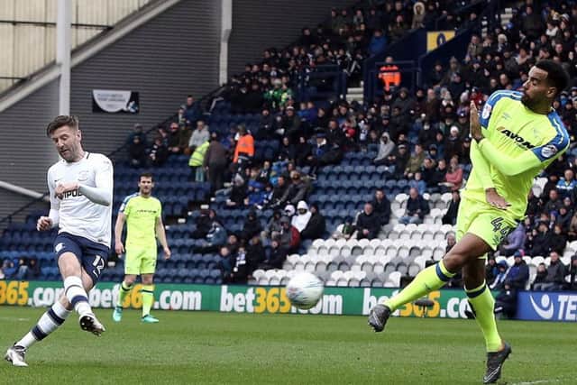 Paul Gallagher goes for goal against Derby.