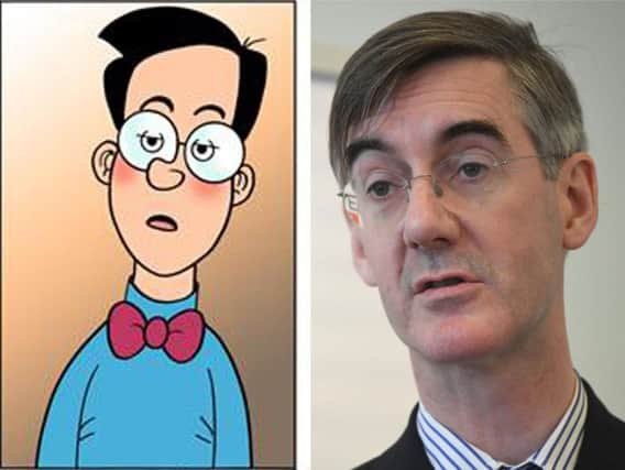 Walter the Softy (left) alongside Jacob Rees-Mogg, as the Conservative MP has got himself into bother with the Beano after being accused of copying Dennis the Menace's arch-enemy Walter the Softy. Photo credit: Beano Studios/PA Wire