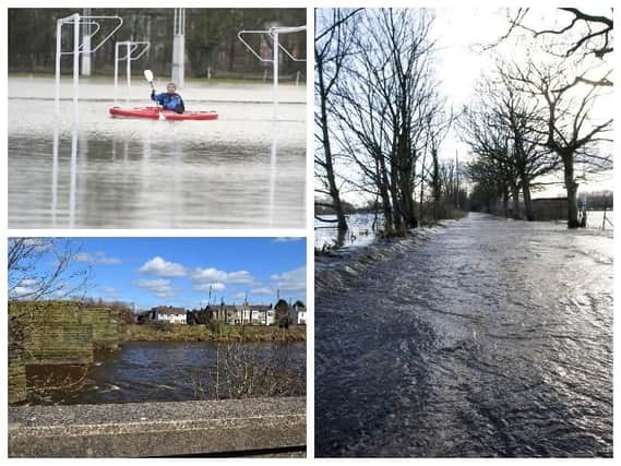 Top left: Tom Bantoft, 28, from Broadgate, pictured paddling over the flooded football pitches at  Penwortham Holme in 2014