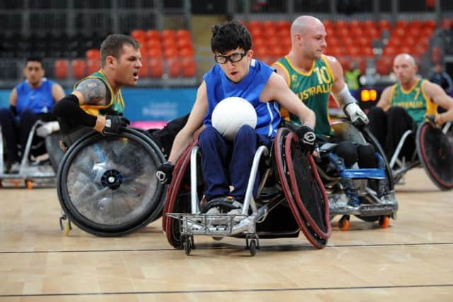 Wheelchair rugby player Myles Pearson in action