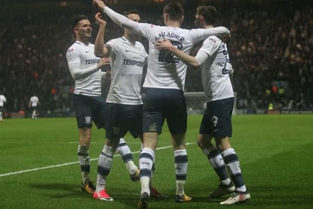 Preston celebrate Paul Gallagher's penalty that leveled the scores at Deepdale.