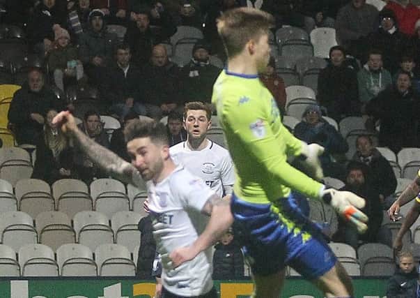 Sean Maguire scores his 10th goal of the season against Leeds, making him top of the PNE goalscoring charts