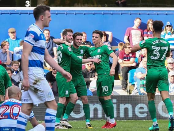 Alan Browne is congratulated after scoring what turned out to be the winner for PNE at QPR.