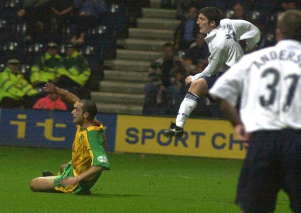 Jon Macken blasts home for North End against Norwich at Deepdale in September 2001