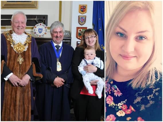Mayor Brian Rollo, Coun Trevor Hart and daughter Sarah McAlea with Laura King (right)