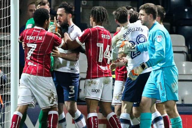 Greg Cunningham in the thick of the action against Bristol City