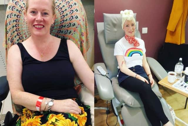Roisin Pelan (left) and sister Lindsey Kennedy undergoing treatment on the same day - 11,000 miles apart