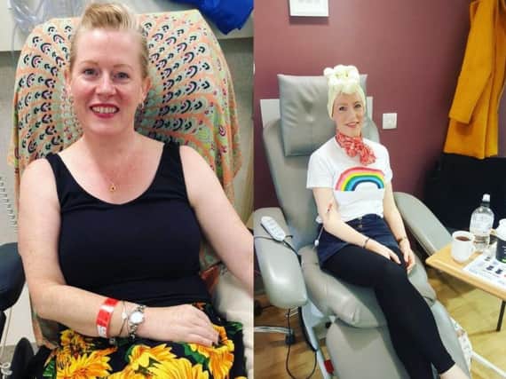 Roisin Pelan (left) and sister Lindsey Kennedy undergoing treatment on the same day - 11,000 miles apart