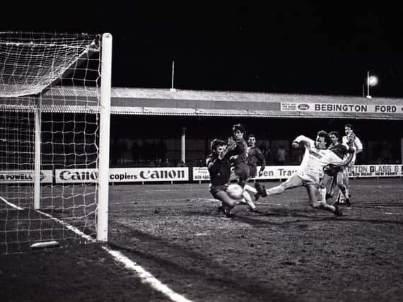 John Thomas slides in to score for PNE at Tranmere in 1986