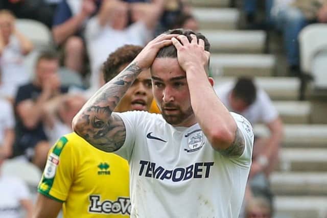 PNE striker Sean Maguire holds his head after missing a chance in the goalless draw with Norwich