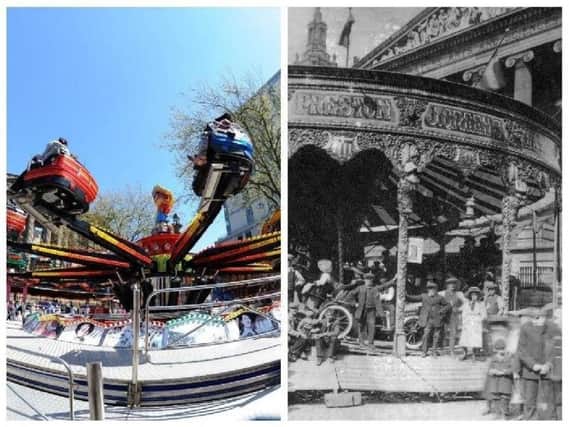 Left: Thrillseekers get lift-off during the 2015 Whitsuntide Fair on Prestons Flag Market. Right: Almost a century ago the 1920 Whit Fair drew crowds to the Flag Market