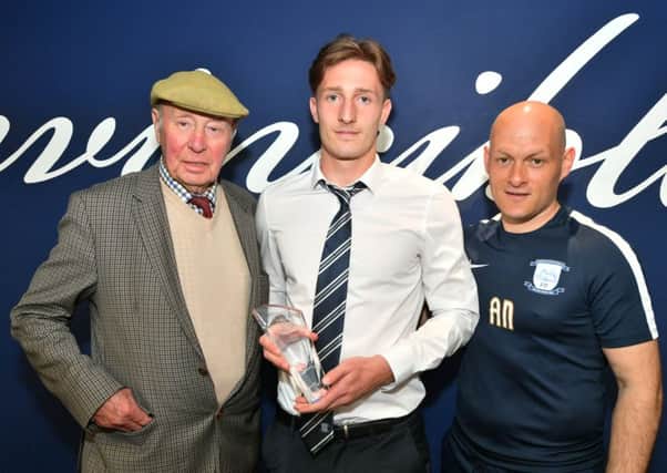 Ben Davies with PNE owner Trevor Hemmings (left) and manager Alex Neil with his young player of the year award (photo: Ian Robinson/PNE)