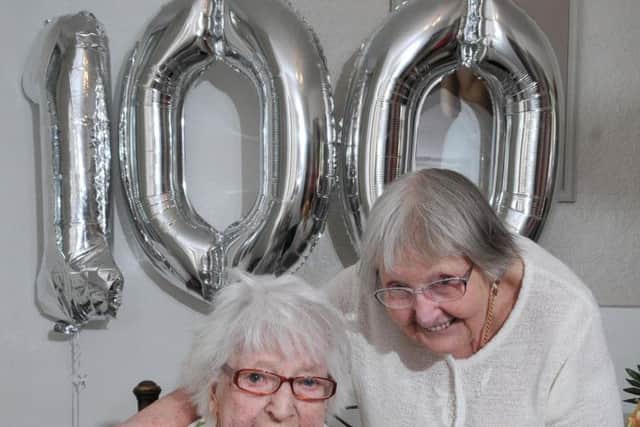Phyllis Wallbank celebrating her 100th birthday with her sister Rhoda Yates who is 90 this year