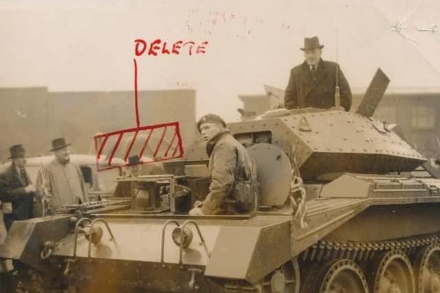 Image submitted to Samuel Battersby, Chief Censor for the North West during Second World War to remove umbrella so enemy did not learn about weather