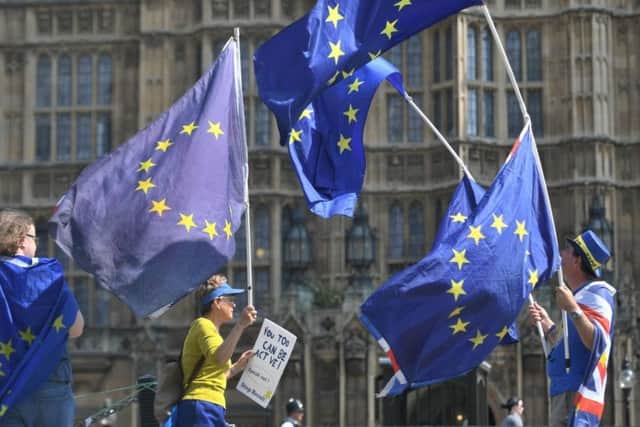 Activists wave European Union and Union flags outside the Houses of Parliament in Westminster