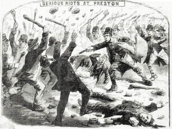 Cartoon capturing a scene of the Preston riots of 1868