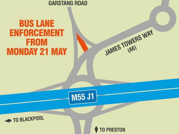 The bus lane at the M55 Broughton roundabout will now issue penalty notices to unauthorised drivers using the carriageway.