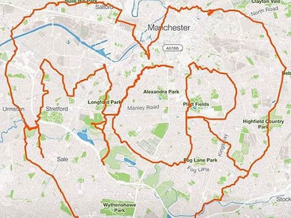 The 67-mile heart shape route that he ran around Manchester to commemorate the victims of the arena bombing.