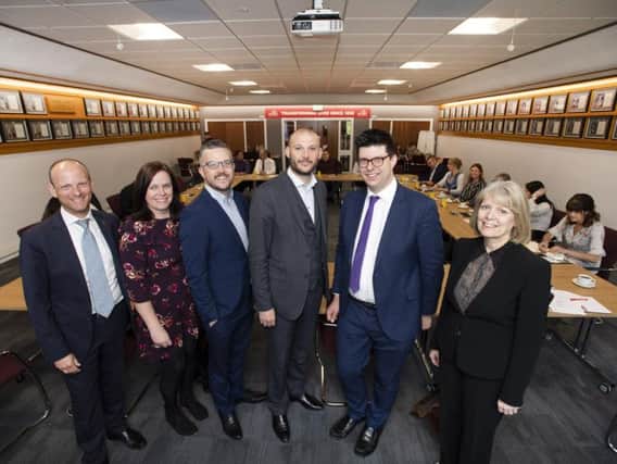 UCLan Pro-Vice Chancellor Joel Arber, Jane Taylor from B&M Waste, Mark Alexander, Partner at BLM Law, Chris McKenna from Downtown in Business, Northern Powerhouse Partnership Director Henri Murison and UCLan Deputy Vice-Chancellor Dr Lynne Livesey.