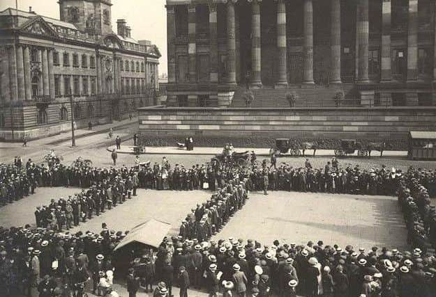 Preston Pals forming up on the Flag Market on September 7, 1914