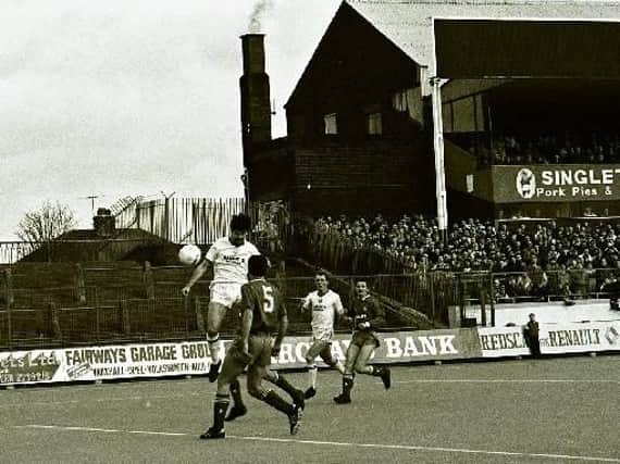 Tony Ellis gets in a header during PNE's 6-0 win over Chesterfield in February 1989