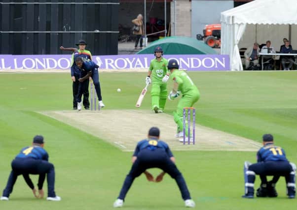 Keith Barker bowls to Lancashire's Keaton Jennings at Stanley Park on Friday